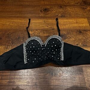 Black Rhinestone Embellished Bra with Thin Straps